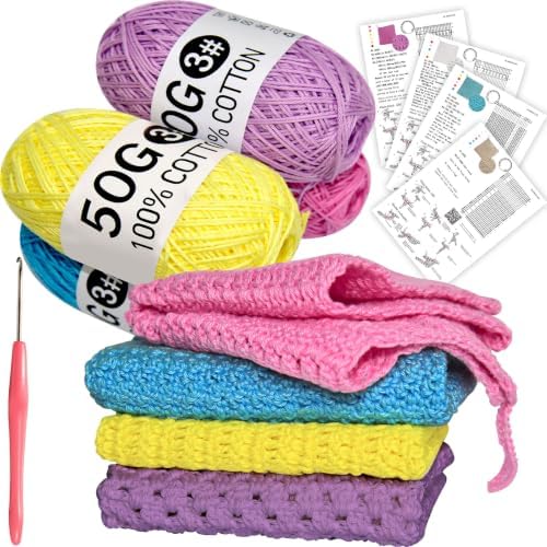 zwzxd Beginner Crochet Kit: Cotton Thread, Hooks & DIY Dishcloth Tutorial （BRT Rainbow Candy）