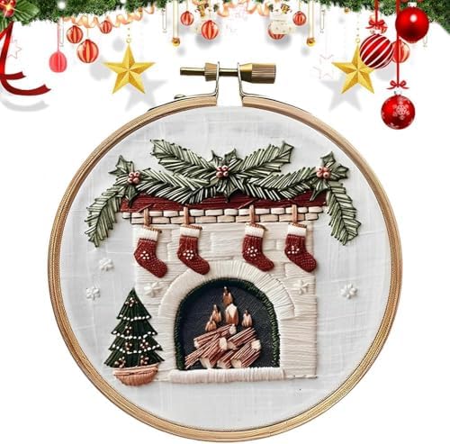 RUIQLXHANG Christmas Embroidery Kit, Christmas Gnomes Embroidery Kits for Beginners with Pattern, Cotton Threads, Needles, Instruction, 20cm Hoop, Gift for Mom, Grandma (Fireplace)