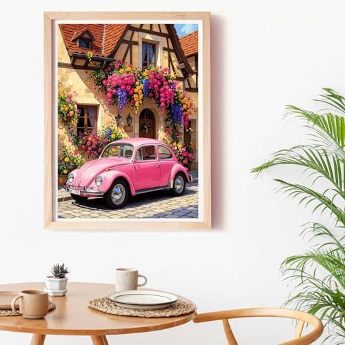 EIBEILI Diamond Painting Kits for Adults DIY 5D Diamond Art Paint with Round Diamonds Full Drill Gem Pink Car Art Painting Kit for Home Wall Decor Gifts 12x16inch