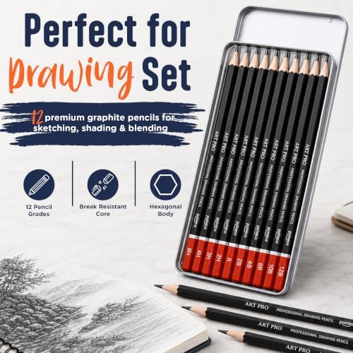 Pointer Art Pro Drawing Pencils Set, 12 Graphite Pencils 6H-12B, Professional Artist Sketching Kit