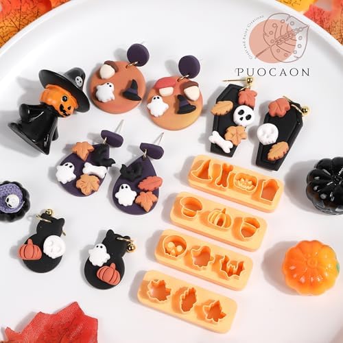 Puocaon Halloween Fall Polymer Clay Cutters - 10 Pcs Autumn Themed Cutters for Polymer Clay Jewelry Pumpkin Mushroom Ghost Earrings Making Kit for Polymeric Jewelry Design