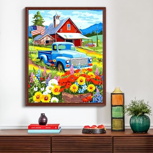 ZTOTZ Vintage Blue Truck Paint by Numbers Kit for Adults, 16x20 in American Farm Countryside Paint by Number Canvas, Red Barn -Floral Landscape Oil Painting for Adults Set