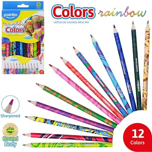 Pointer Colors Rainbow Colored Pencils – 12 Count, Pre-Sharpened, Round Body, Multicolored Barrel Designs – Fun School & Art Supplies