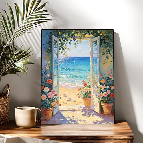 Beach and Flower Diamond Art Kits for Adults, Diamond Painting Kit Adults for Beginners, Round 5D DIY Dimond art,Full Drill Painting Kit Art and Crafts for Adults Home Wall Decor【11.8x15.7inch】