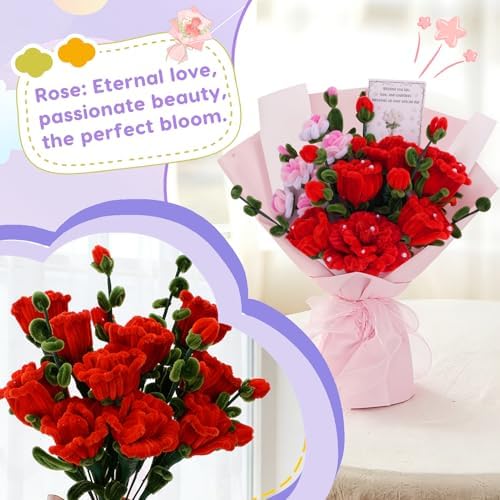 900 PCS Pipe Cleaners Craft, Pipe Cleaner Bulk Flower Kit 14 Colors Chenille Stems Flower Making Kit with Greeting Card, Floral Wires, Tape, Stamen, Floral Wrapping Paper & Ribbon for Art DIY Flowers