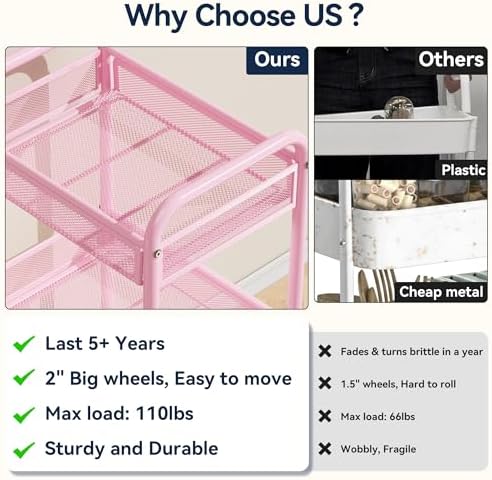 YASONIC 3 Tier Metal Rolling Cart, Pink Utility Storage Cart with Wheels | Metal Mesh Craft Cart With Hooks & Hanging Cups, Ideal For Kitchen, Bathroom, Office, Dorm, Art Workspace, Bedside Storage