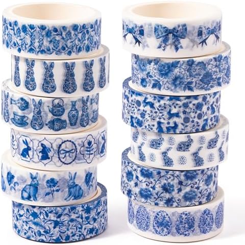 12 Rolls Easter Chinoiserie Bunny Washi Tape for Gift Wrapping