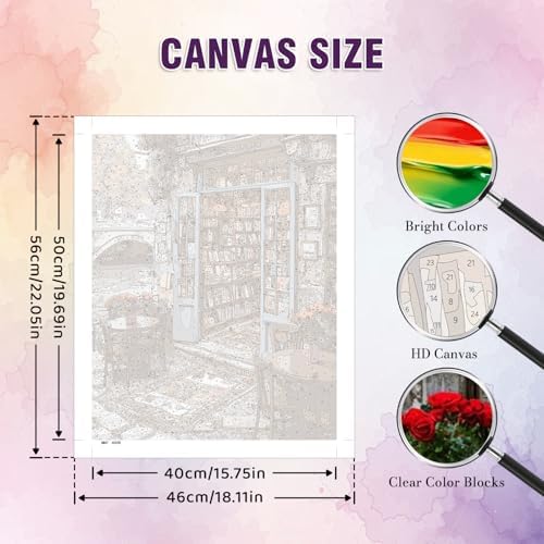 Amaieuin Bookstore Paint by Number Adult,Canvas Paint by Numbers for Adults,Bookstore Adult Paint by Numbers for Home Wall Art Decor 20x16in