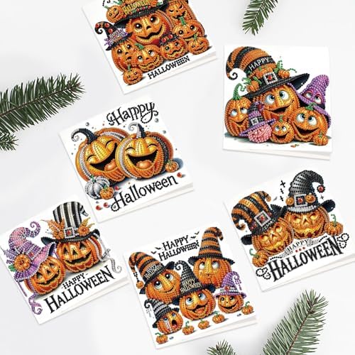 antor 6 Pack Halloween Pumpkin Diamond Painting Card Kits, DIY 5D Rhinestone Halloween Diamond Art Greeting Cards with Envelopes, Handmade Pumpkin Diamond Art Craft Kits for Adults Beginners