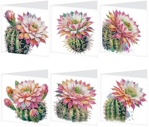Tontut 6pcs Diamond Art Painting Kit Greeting Card, Cactus Flower 5D DIY Diamond Handmade Holiday Glitter Greeting Card with Envelope, Holiday Gift Congratulation