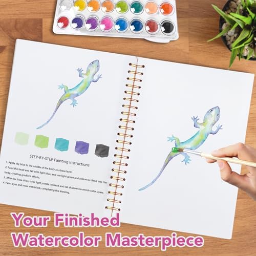 Easy Watercolor Workbook for Beginners - 12 Beautiful Step-by-Step Paintings Water Coloring Book, Includes 16 Colors Paints, Relaxing Art Projects and Creative Gift for Adults & Teen (Lizards)