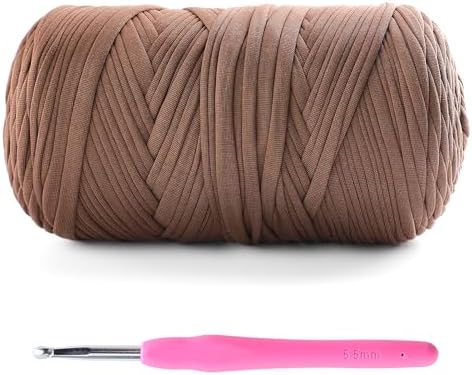 Tshirt Yarn for Crochet - 400 g/130 yds T Shirt Yarn for Crocheting Bags/Baskets/Home Decor - Soft Elastic Fabric T-Shirt Yarn with 1 Crochet Hook (1, Coffee)