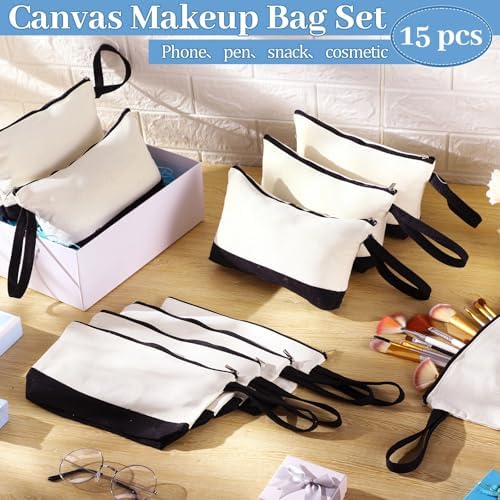 Silkfly 48 Pcs Cotton Canvas Makeup Bags Cosmetic Zipper Bags 10.2 x 5.5 x 2'' Blank DIY Pouch Bulk Pencil Case with Bottom Travel Toiletry Pouch for Women Craft Decor Gift (Beige and Black)