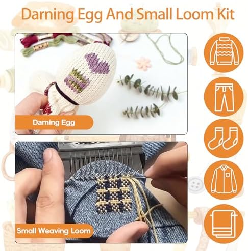 Mini Darning Loom,Egg Knitting Patch Kit with 14 Hooks Small Weaving Loom 13 Pcs Large Eye Needles 50 Color Threads for Handcraft DIY Weaving Repair Tool Darning Kit for Beginners Mending Jeans Socks