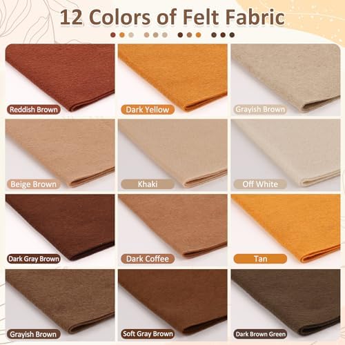 XSEINO 12 Rolls 8"x35"(20.5x90cm) 1.4mm Thick Soft Felt Fabric Sheet 12 Assorted Brown Series Colors Felt Pack for DIY Craft Sewing Squares Nonwoven Patchwork