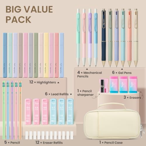 Taja Cute Pencil Case With School Supplies, 39 PCS, Stationery Set, Beige