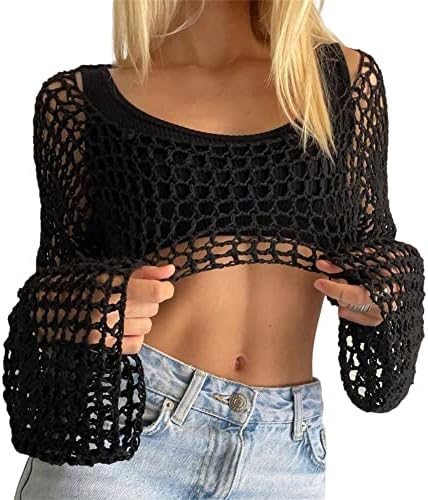 KEOMUD Women Crochet Tops Y2K Hollow Knit Bolero Shrug