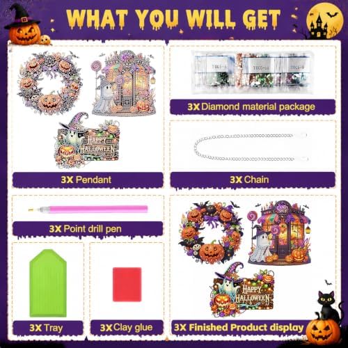 3 Pack Halloween Diamond Art Hanging Kit for Adult, Acrylic Decor 8x8inch