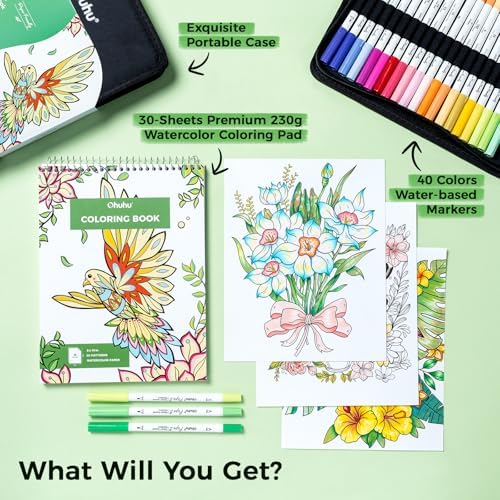 Ohuhu Adult Coloring Book 30 Patterns with 40 Colors Paper-Friendly Markers 230gsm Spiral Bound Coloring Book for Adults Relaxation Water-Based Markers for Adult Coloring Books No Bleeding - Pupe B