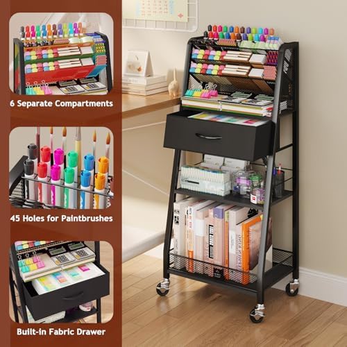 Homsorout 3 Tier Rolling Cart - Metal Utility Cart with Storage Drawer and Wheels, Versatile Art & Craft Organizer for Home, Office, or Studio - Ideal for Storing Brushes, Paints, and Supplies（Black）