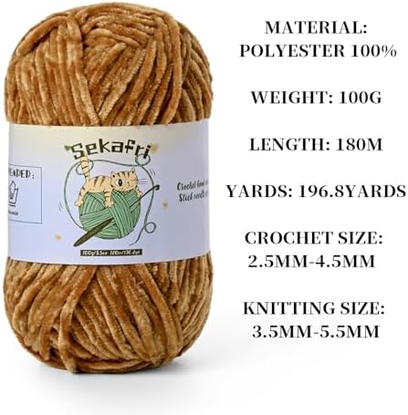 Fuzzy Chenille Yarn for Crocheting, Fluffy Amigurumi Crochet Yarn for DIY Craft/Hat/Shoes, (100g/197yds) Soft Velvet Baby Blanket Yarns（Brown）