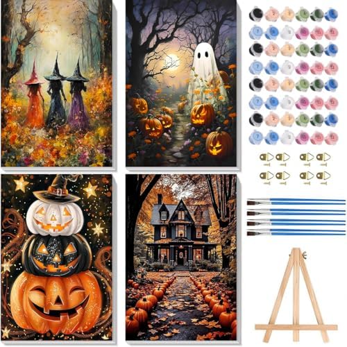 4 Pack Halloween Paint by Numbers for Adults with Framed Canvas 8x12inch