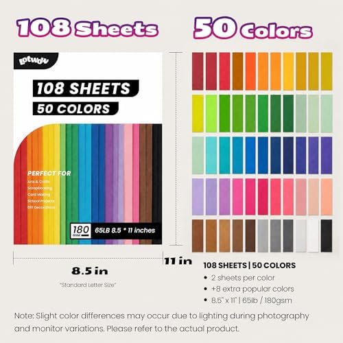108 Sheets Colored Cardstock 8.5" X 11", 50 Assorted Colors 180GSM/65LB Construction Paper Card Stock Printer Paper for DIY Crafts, Printing, Scrapbooking, Party Decorations, School Art Supplies