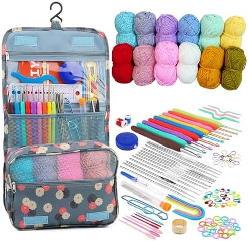 Hntess 118Pcs Crochet Kit for Beginners, Premium Knitting & Crochet Supplies Set with 12 Yarn Spools, 21 Crochet Hooks, 6 Sewing Needles & Storage Case, Complete Starter Crochet Kit for Adults