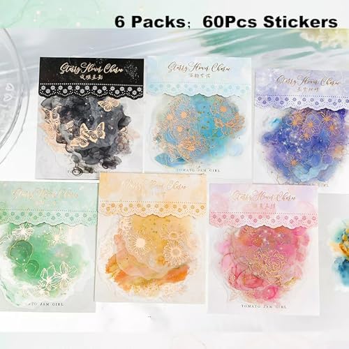 60 Pcs Gold Foil Watercolor Floral Stickers for Scrapbooking