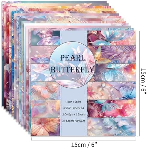 6x6" Cardstock Single Sided Scrapbooking,Craft Decorative Scrap Book Paper | 160gsm,24-Sheet 12Patterns Colored Paper,Junk Journal Supplies,Vivid Origami Papers DIY Craft Gift Wrapping Album.Pearl-hudie