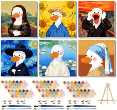 Canrichshop 6P Abstract Paint by Numbers Kit for Adults Framed with Wooden Easel,Easy DIY Cute Duck Oil Painting Kits on Canvas,Acrylic Paint by Number with Frame for Decor 8x8inch
