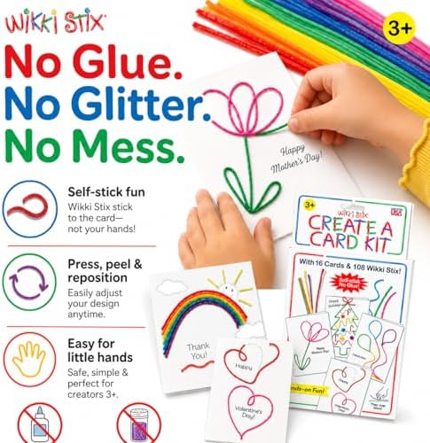 Wikki Stix Create-A-Card Kit, Kids Greeting Card Craft Kit with 108 16 Cards, Make Handmade Birthday, Holiday, Thank You, Valentine, Mother’s Day & Father’s Day Cards, Mess-Free Craft.