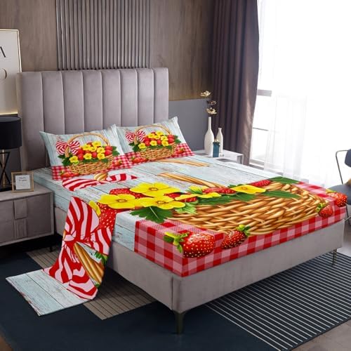 Red Strawberry Bed Sheet Set Full Size Rustic Style Fruits Floral Mattress Cover Modern Grid Plaid Sheets for Boys Girls Bedroom Red Gray Yellow with Flat,Fitted Sheet Pillowcase 4Pcs