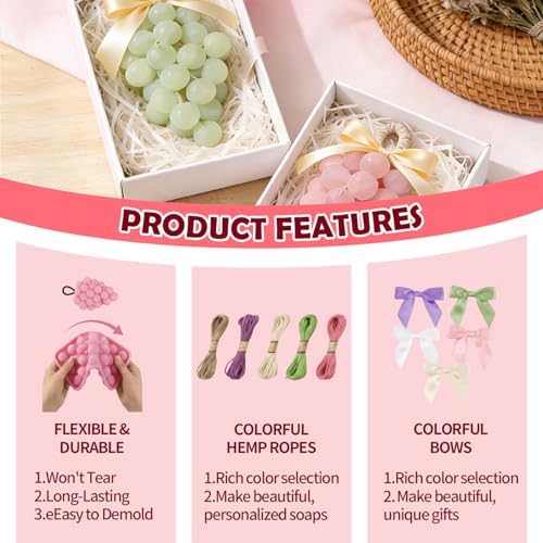 DIY Grape Soap Making Kit for Beginners, Complete Handmade Craft Set with Molds, Mica Powder, Natural Soap Base & Tweezers, Colorful Twine Ropes & Decorative Bows, Home Decor, Gift Ready