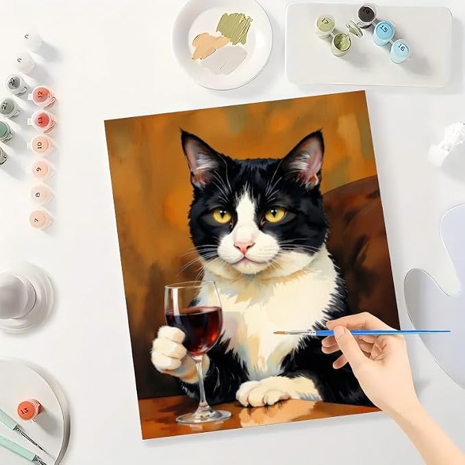 Tuxedo Cat Paint by Numbers Kit for Adults - DIY Black and White Cat with Wine Painting on Canvas, Acrylic Paint Set, Suitable for Beginners, Art for Home Decoration or Gifts(12X16IN Framed)