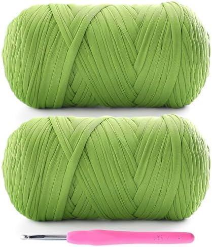 2 Pack T-Shirt Yarn for Crochet - 800 g/260 yds, Soft Elastic Fabric, 1 Crochet Hook (2, Autumn Green)