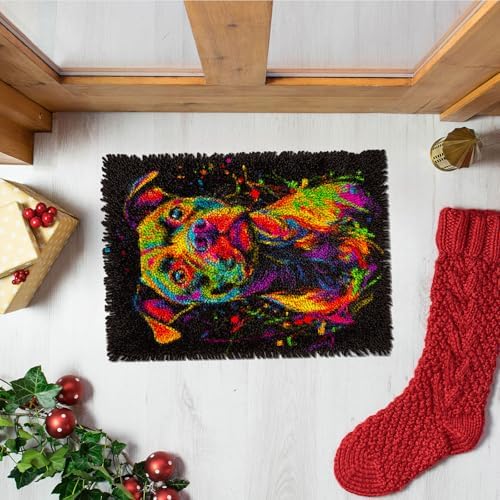 Latch Hook Rug Kit Colorful Pitbull Dog Pre-Printed Handmade Carpet Crochet Yarn Craft DIY Hook and Latch Door Mat Tapestry for Home Floor Decoration 52x38cm-2