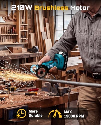 SEESII 3-Inch Cordless Mini Angle Grinder with 2× 21V 2.0Ah Batteries | Brushless Angle Grinder 19000 RPM, 7pcs Cutting Discs, 210W Power Electric Grinder Tool for Metal Wood Polishing Rust Removal