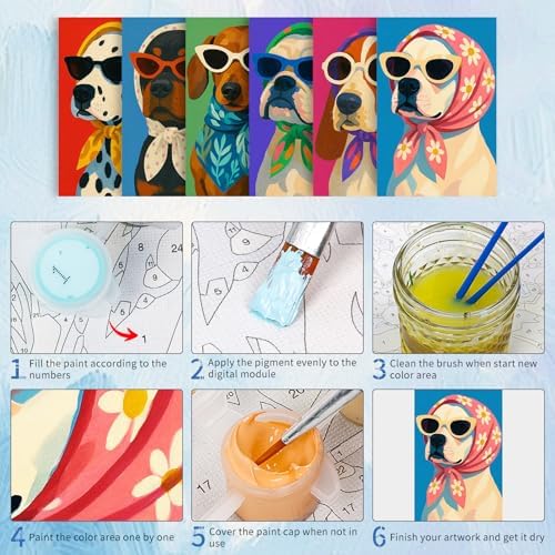 6 Pack Paint by Numbers Kit for Adults, Funny Dog Painting, 8x12 Inch | DIY Adult Paint by Number Kits on Canvas for Beginners, without Frame, Funny Pet Home Wall Decor, Stress Relief Craft Gift