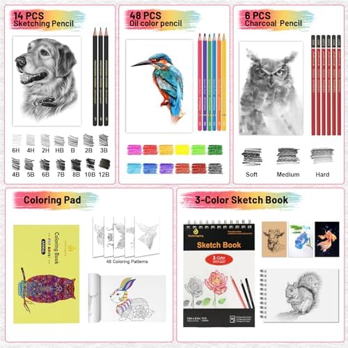 80pcs Drawing Kit Sketching Set Art Sketch Supplies Coloring pencils Kit 48 Colored pencil,14 Graphit, 6 Charcoal, 50 Page 3-Color sketckbook coloring book Portable Case ect. Beginners Artists Adults