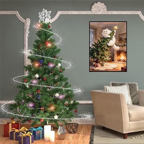 ijbnhd Christmas Tree Diamond Art Kits for Adults Christmas Cat 12X16inch