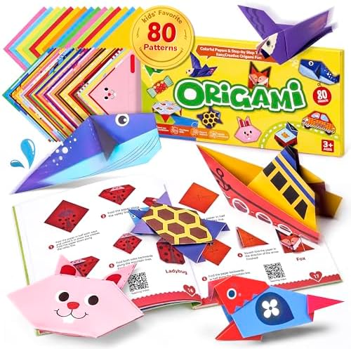 GAMENOTE Origami Kit for Kids Ages 8-12, 80 Assorted Projects, 260 Sheets | Double-Sided Origami Paper with mixed themes includes 160 patterned sheets, 100 solid practice sheets and a guidebook.
