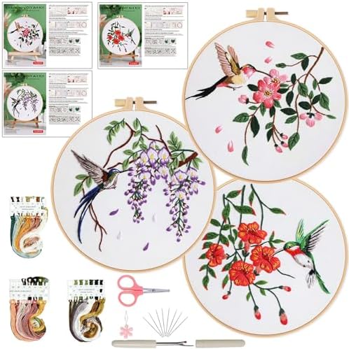 Ohcol 3 Sets Hummingbird Embroidery Kit for Beginners Needlepoint Kits for Adults Cross Stitch Kits with Clear Instructions,Easy Funny Stamped Bird Patterns Fabric Hand Crafts