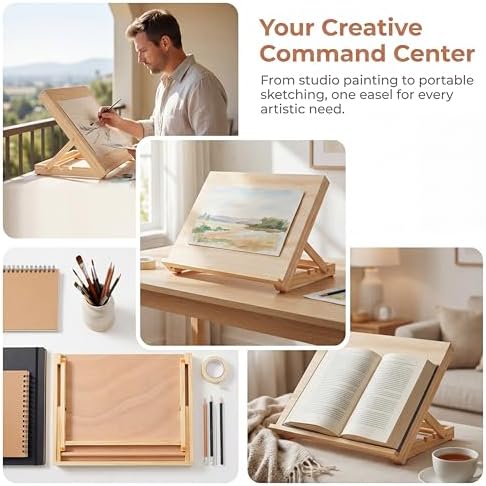 Tabletop Easel, Adjustable & Portable Desktop Art Stand, 13”x9” Solid Pine Wood Drawing Board for Painting, Drawing Canvas & Sketchbooks, Perfect for Adults & Artists