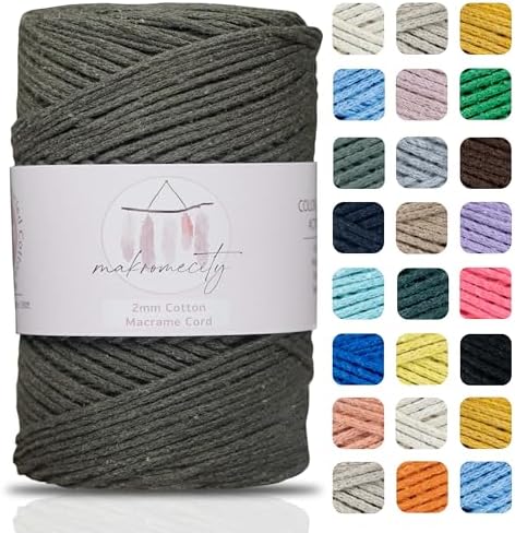 Makromecity, Cotton Macrame Cord 2mm x 195 Yards (590 feet) 2mm Recycled Cotton Crochet Yarn for Macrame Art & Crafts for Wall Hangings, Bags, Underplate, Rug (25 Colors Available) (Olive Drab)