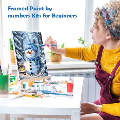 MOGTAA Christmas Paint by Numbers Kit for Adults Beginners with Frame, Christmas Snowman Adult Paint by Number Kits on Canvas with Easel, Easy DIY Winter Oil Painting Kits for Home Decor, 8x12in