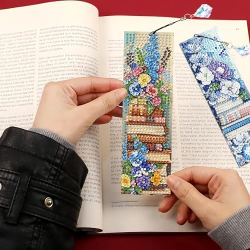 Mandun 4 Pcs Book Diamond Painting Bookmark Kits, Special Shaped Diamond Art Bookmarks with Pendant, DIY Flower Diamond Art Bookmarks with Tassels Crafts Gifts Supplies