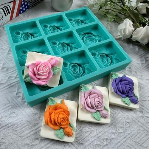 9 Cavities Rose Relief DIY Soap Mold,Handmade Soap Making Silicone Tray,Flower Silicone Mold for Natural Soap,Scented Candle Wax,Plaster Diffuser,Crystal Epoxy Decorations