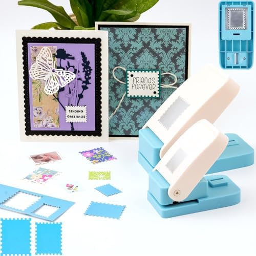 2 Pcs Stamp Punch, 1.5x1.25inch Large Rectangular Postage Stamps Punches & 1X0.8 inch Stamp Puncher, Lever Paper Punches for Crafting, Craft Hole Puncher Stamps for Paper Crafting DIY Scrapbooking