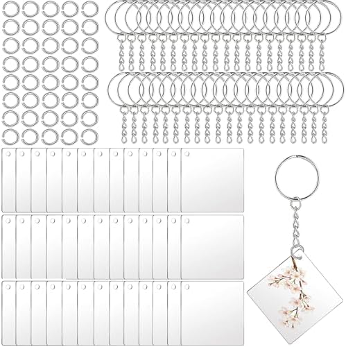 120Pcs Acrylic Keychain Blanks, BetterJonny 40Pcs Square Key Tags with Key Chain Rings and Open Rings Unfinished Clear Ornament for DIY Crafting & Vinyl Projects